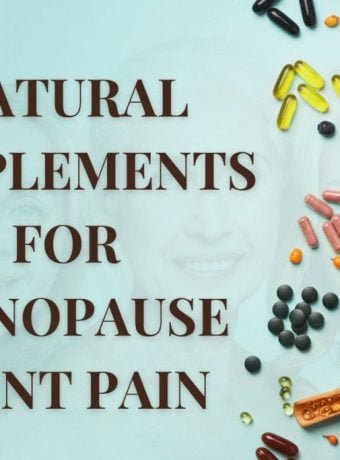 Natural supplements like turmeric, ginger, fish oil capsules, and collagen powder on a wooden table for menopause joint pain relief.